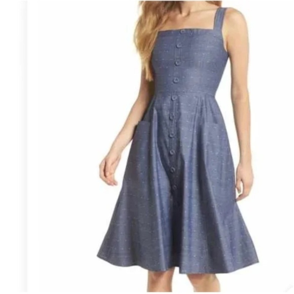 Gal Meets Glam Collection Riley Dot Chambray Polka Dot Cotton Midi Dress size 2